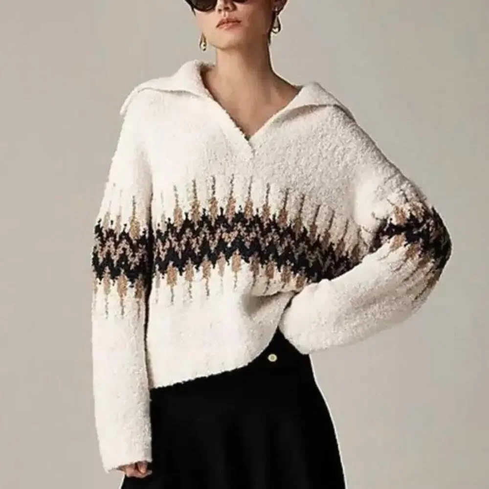J Crew Sweater Fair Isle Johnny-Collar Boucle Yarn Wool Blend Cream Tan Med NWT